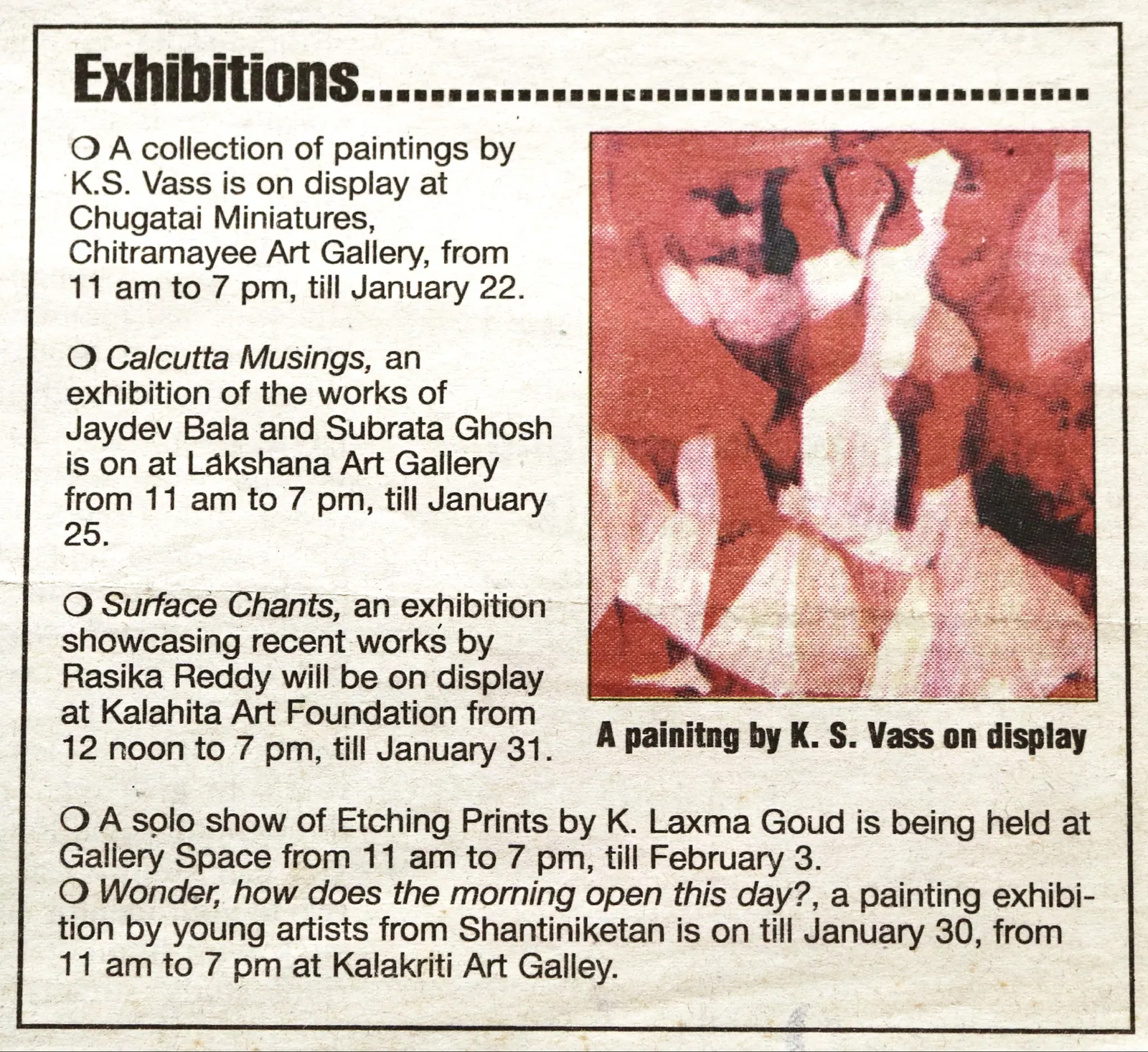 K.S. Vass exhibition listings newspaper column